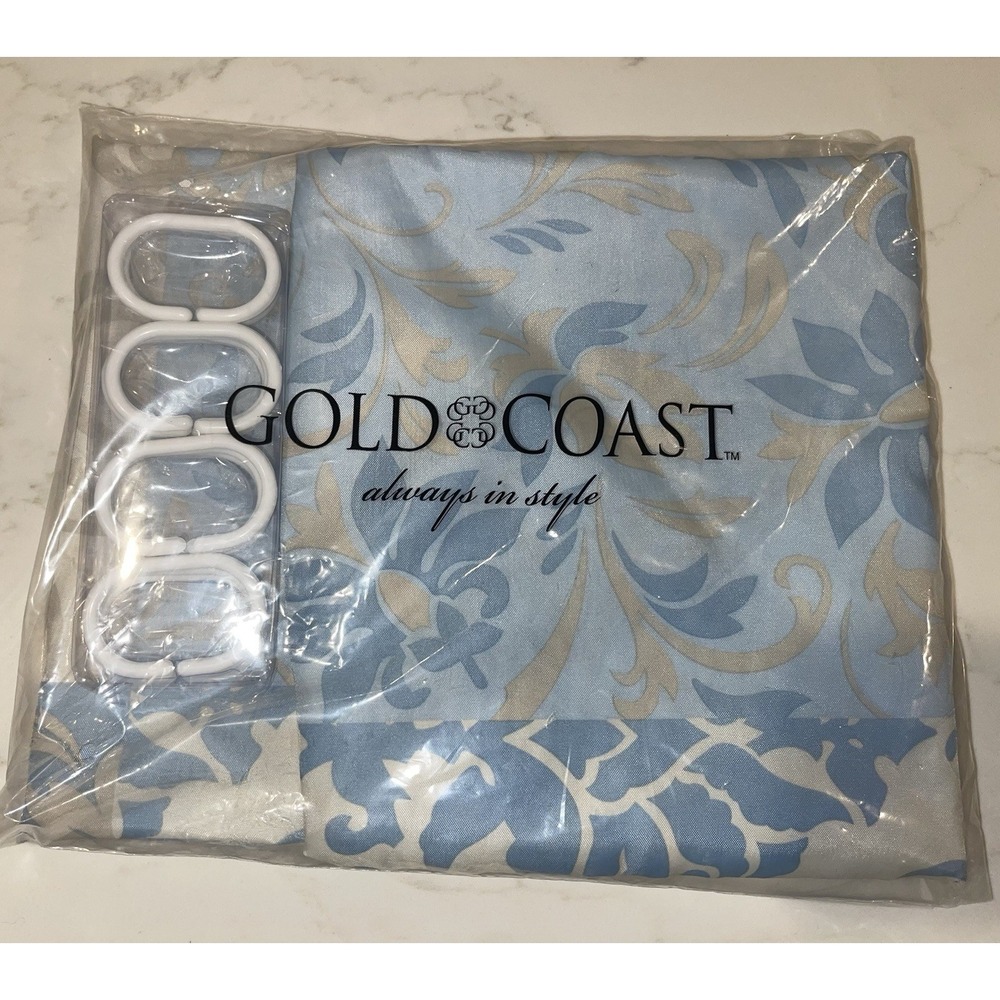 Vintage Gold Coast Blue Beige White Shower Curtain & Hooks‎ Set 13 Piece NEW
